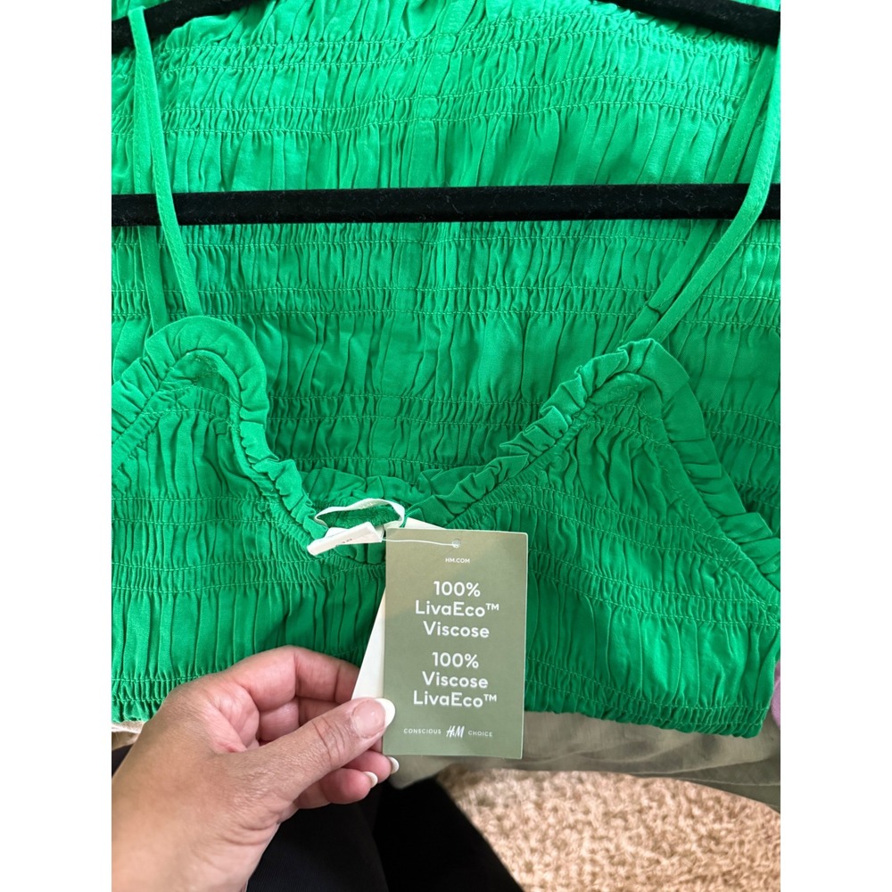 H&M Smocked Green Midi Dress NWT Ruched Bodycon Vacation Dress Medi - Picture 6 of 6